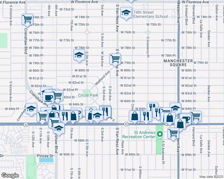 map of restaurants, bars, coffee shops, grocery stores, and more near 8214 South 2nd Avenue in Inglewood