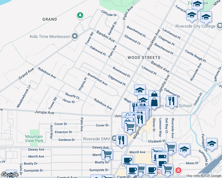 map of restaurants, bars, coffee shops, grocery stores, and more near 4272 Brentwood Avenue in Riverside