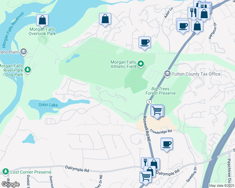 map of restaurants, bars, coffee shops, grocery stores, and more near 6211 Santa Fe Parkway in Sandy Springs