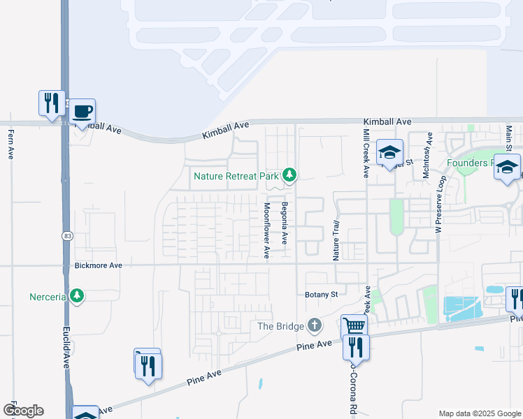 map of restaurants, bars, coffee shops, grocery stores, and more near 15920 Moonflower Avenue in Chino