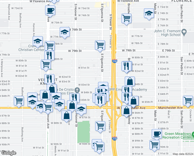 map of restaurants, bars, coffee shops, grocery stores, and more near 520 West 82nd Street in Los Angeles
