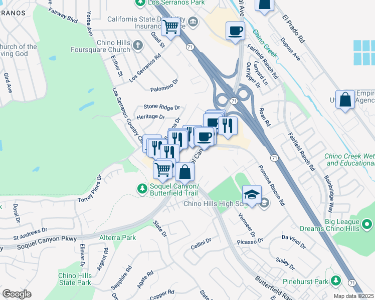 map of restaurants, bars, coffee shops, grocery stores, and more near 15944 Ellington Way in Chino Hills
