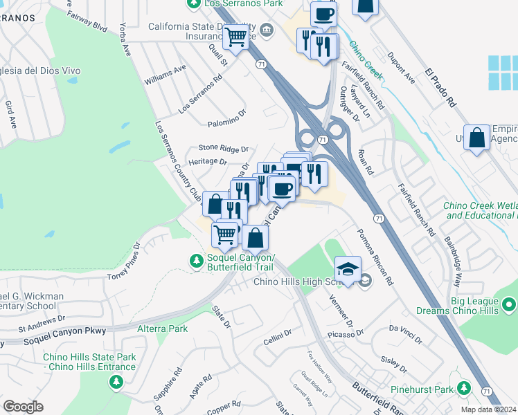 map of restaurants, bars, coffee shops, grocery stores, and more near 15940 Ellington Way in Chino Hills