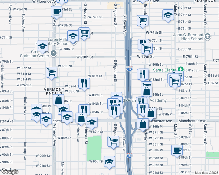 map of restaurants, bars, coffee shops, grocery stores, and more near 520 West 82nd Street in Los Angeles