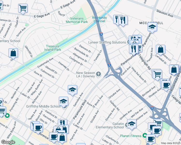 map of restaurants, bars, coffee shops, grocery stores, and more near 9006 Tweedy Lane in Downey