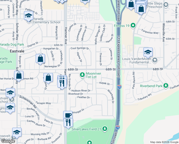 map of restaurants, bars, coffee shops, grocery stores, and more near 12392 Current Drive in Eastvale