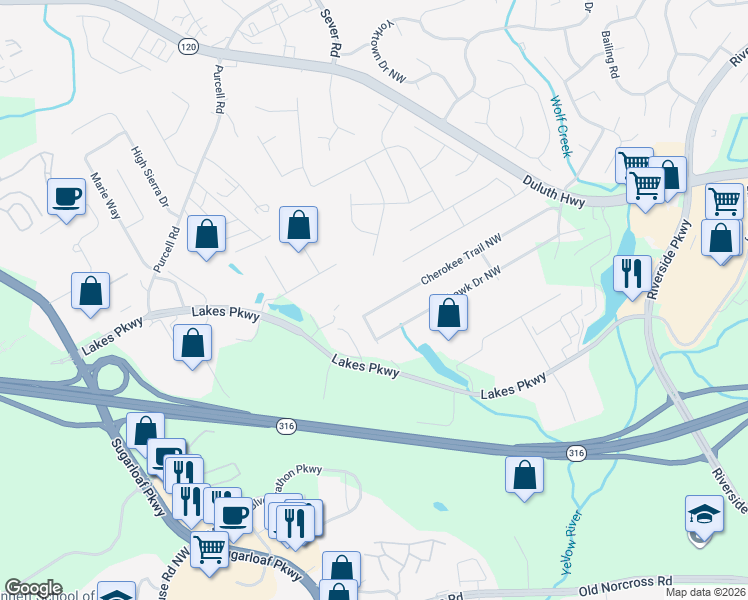 map of restaurants, bars, coffee shops, grocery stores, and more near 1459 Cherokee Trail Northwest in Lawrenceville