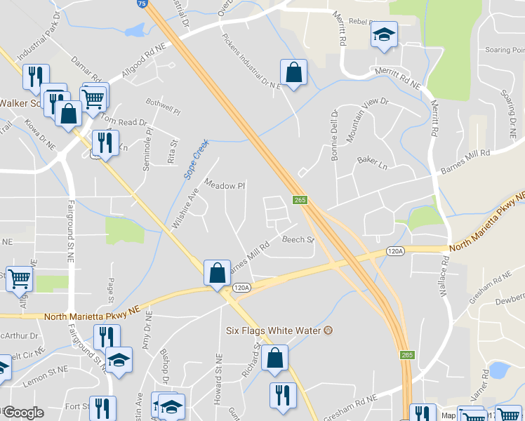 map of restaurants, bars, coffee shops, grocery stores, and more near 1304 Glenivy in Marietta