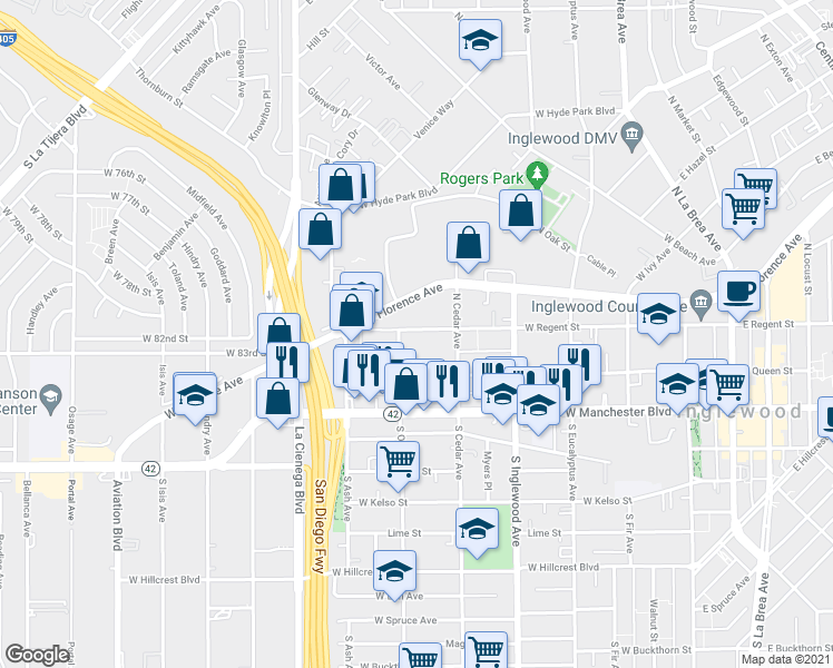 map of restaurants, bars, coffee shops, grocery stores, and more near 527 West Regent Street in Inglewood