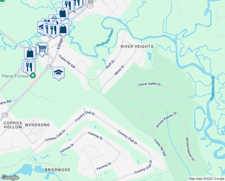 map of restaurants, bars, coffee shops, grocery stores, and more near 337 River Village Square in Shallotte