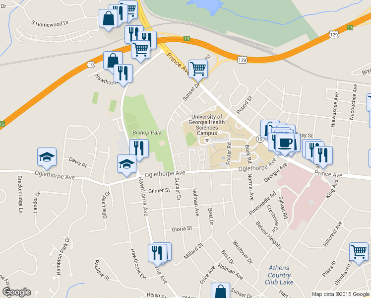 map of restaurants, bars, coffee shops, grocery stores, and more near 147 Oaktree Square in Athens