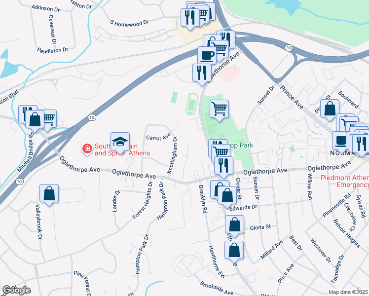 map of restaurants, bars, coffee shops, grocery stores, and more near 200 Glencrest Drive in Athens