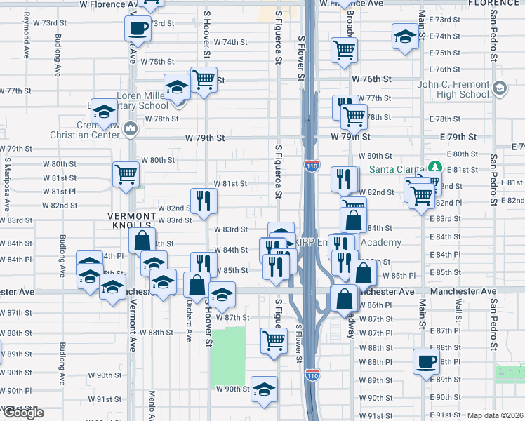 map of restaurants, bars, coffee shops, grocery stores, and more near 522 West 82nd Street in Los Angeles