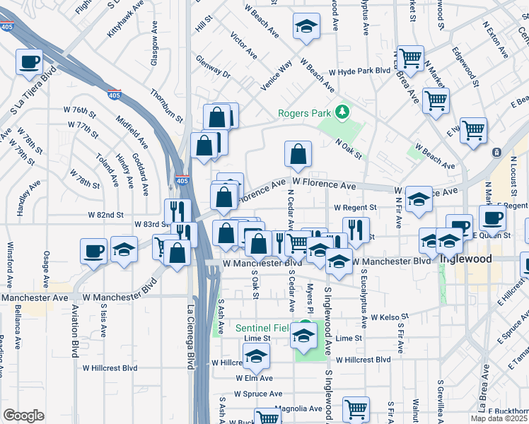 map of restaurants, bars, coffee shops, grocery stores, and more near 550 West Regent Street in Inglewood