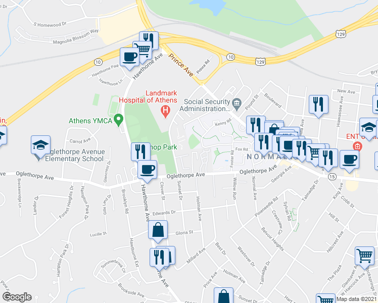 map of restaurants, bars, coffee shops, grocery stores, and more near 151 Oaktree Square in Athens