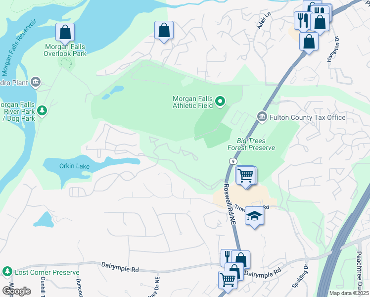 map of restaurants, bars, coffee shops, grocery stores, and more near 6204 Santa Fe Parkway in Sandy Springs