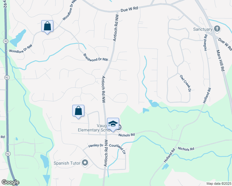 map of restaurants, bars, coffee shops, grocery stores, and more near 5513 Lavender Farms Road Northwest in Powder Springs