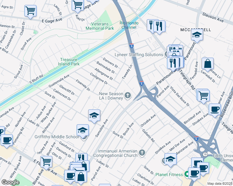 map of restaurants, bars, coffee shops, grocery stores, and more near 9006 Tweedy Lane in Downey