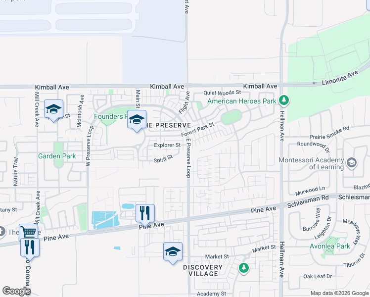 map of restaurants, bars, coffee shops, grocery stores, and more near 15924 East Preserve Loop in Chino