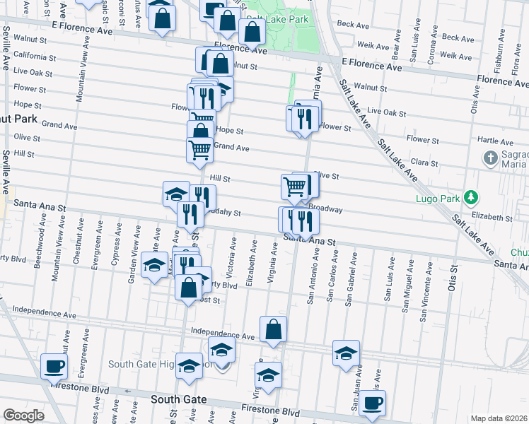 map of restaurants, bars, coffee shops, grocery stores, and more near 3372 Broadway Ave in Huntington Park