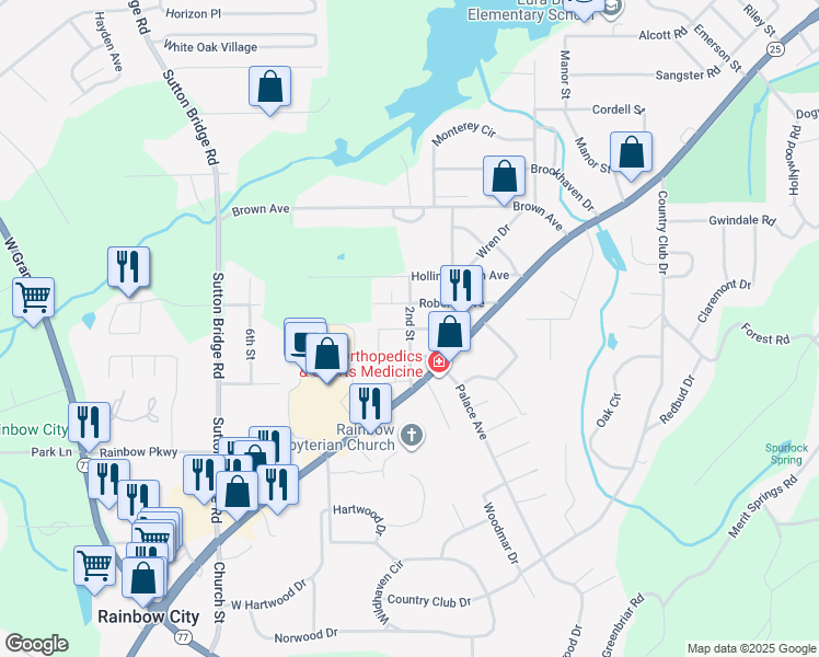 map of restaurants, bars, coffee shops, grocery stores, and more near 200 Nichols Avenue in Rainbow City