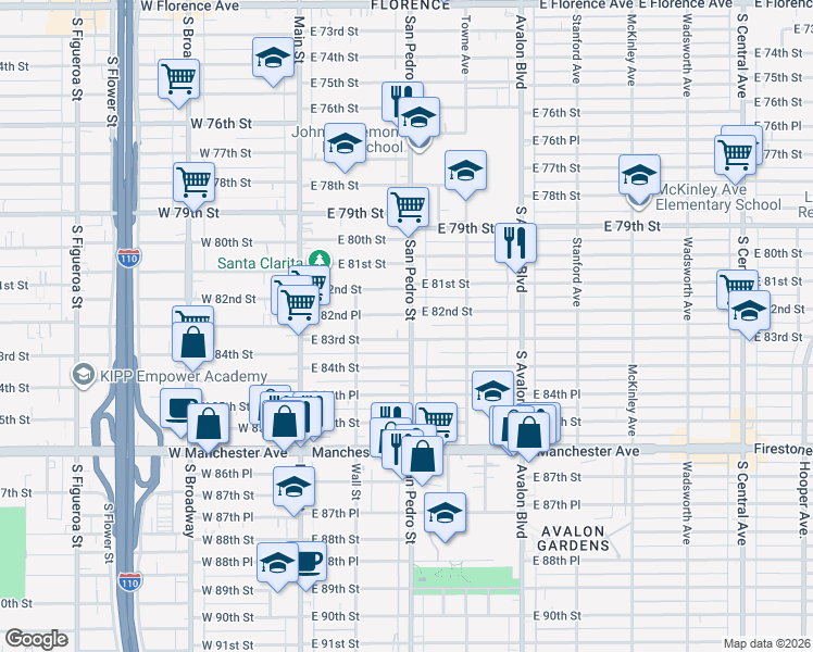 map of restaurants, bars, coffee shops, grocery stores, and more near 8265 South San Pedro Street in Los Angeles