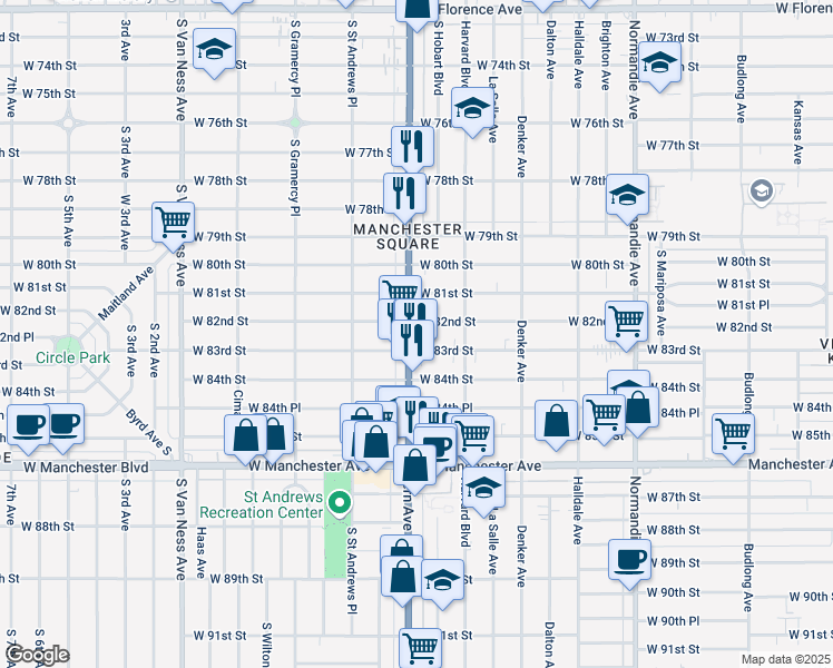 map of restaurants, bars, coffee shops, grocery stores, and more near 1734 West 82nd Street in Los Angeles