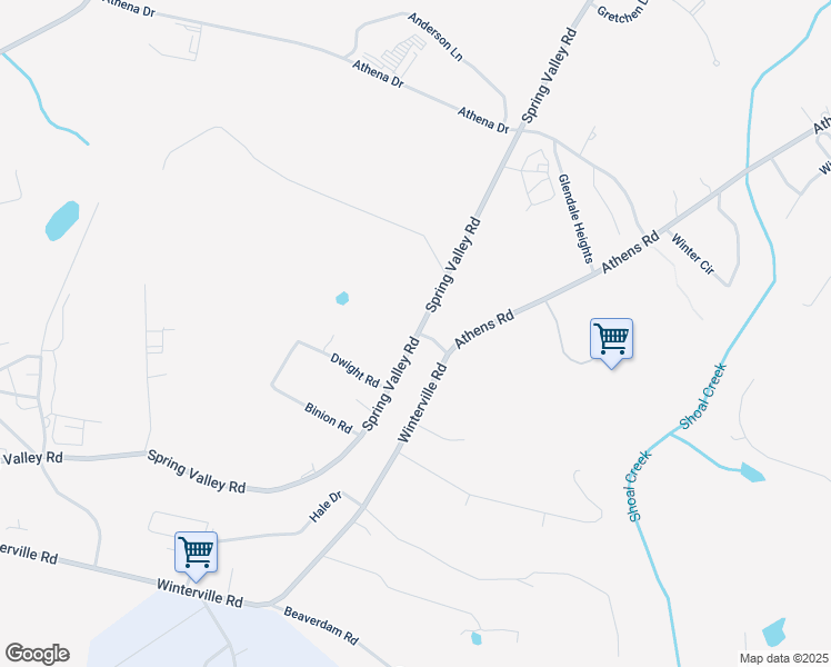 map of restaurants, bars, coffee shops, grocery stores, and more near 1695 Spring Valley Road in Athens