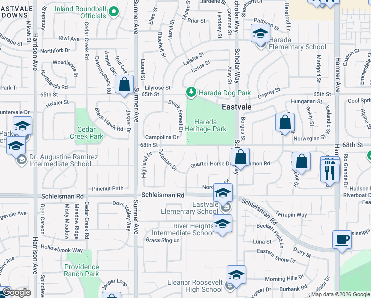 map of restaurants, bars, coffee shops, grocery stores, and more near 6808 Lokai Court in Corona