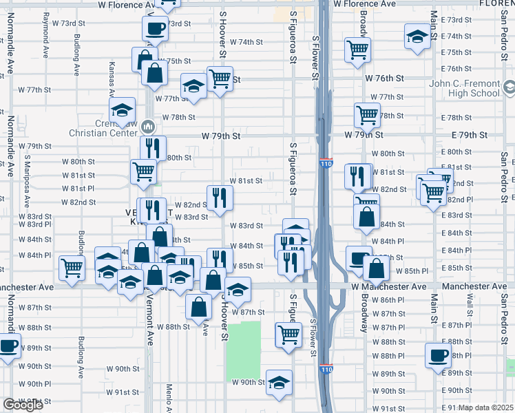 map of restaurants, bars, coffee shops, grocery stores, and more near 641 West 82nd Street in Los Angeles
