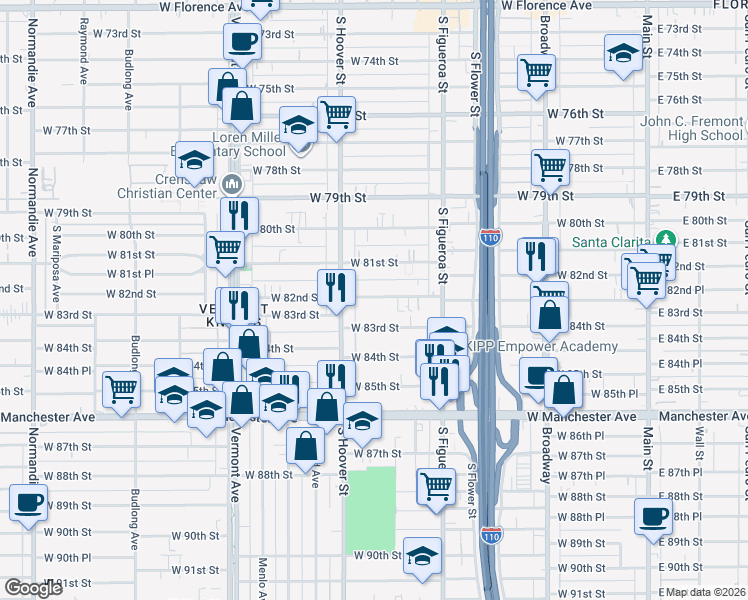 map of restaurants, bars, coffee shops, grocery stores, and more near 641 West 82nd Street in Los Angeles