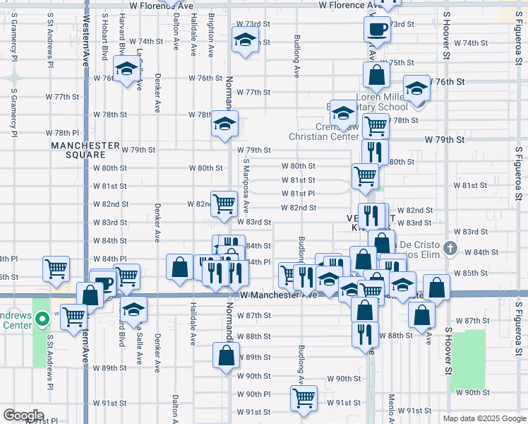 map of restaurants, bars, coffee shops, grocery stores, and more near 1266 West 82nd Street in Los Angeles
