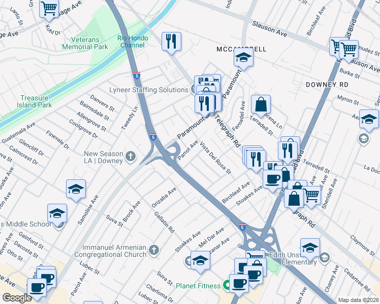 map of restaurants, bars, coffee shops, grocery stores, and more near 8634 Parrot Avenue in Downey