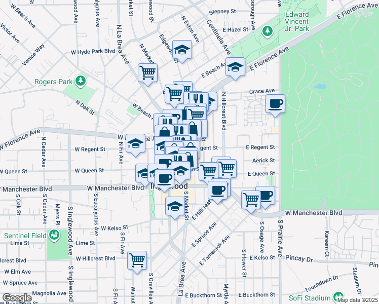 map of restaurants, bars, coffee shops, grocery stores, and more near 170 North Market Street in Inglewood