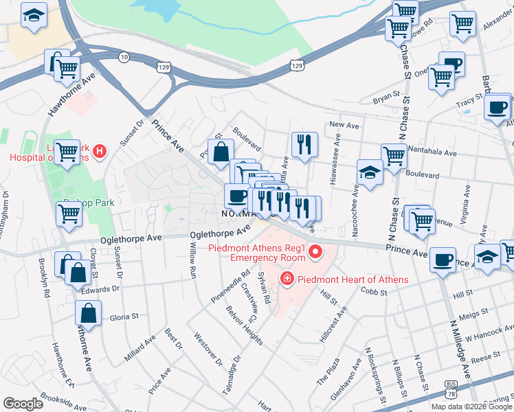map of restaurants, bars, coffee shops, grocery stores, and more near 1428 Prince Avenue in Athens