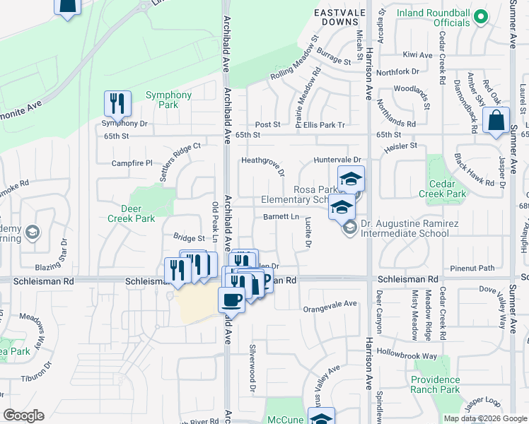 map of restaurants, bars, coffee shops, grocery stores, and more near 14010 Barnett Lane in Corona