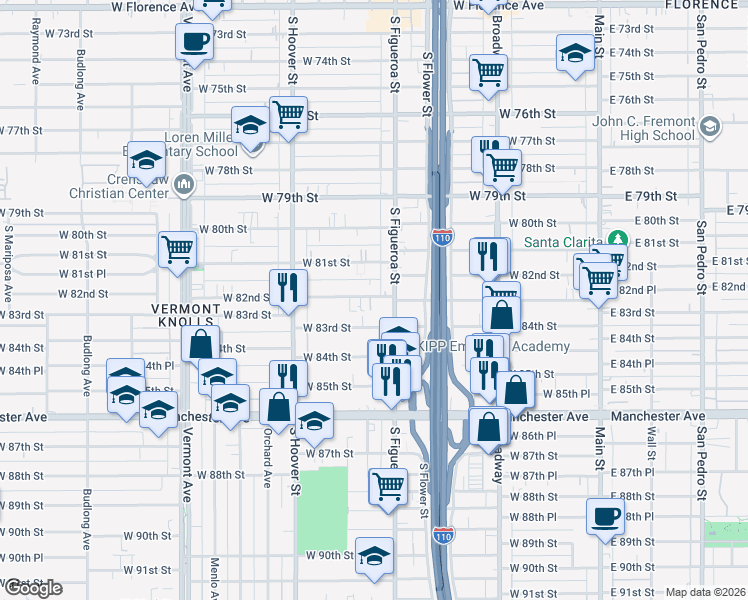 map of restaurants, bars, coffee shops, grocery stores, and more near 522 West 82nd Street in Los Angeles