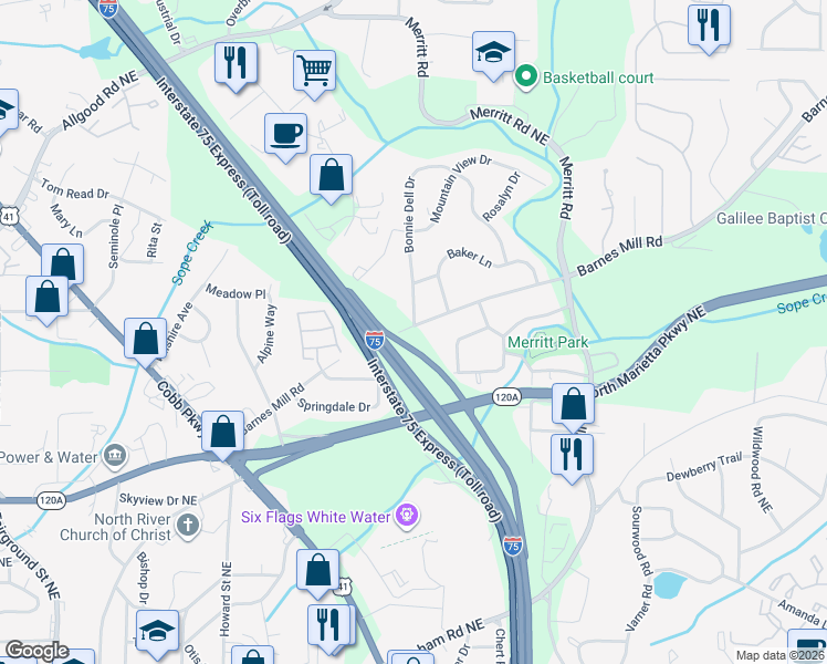 map of restaurants, bars, coffee shops, grocery stores, and more near 1060 Barnes Mill Road in Marietta