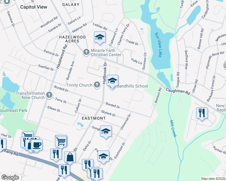 map of restaurants, bars, coffee shops, grocery stores, and more near 1500 Hallbrook Drive in Columbia