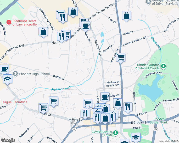 map of restaurants, bars, coffee shops, grocery stores, and more near 340 Maltbie Street in Lawrenceville
