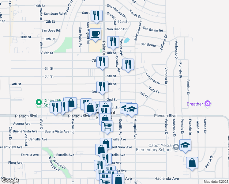 map of restaurants, bars, coffee shops, grocery stores, and more near 11600 Palm Drive in Desert Hot Springs
