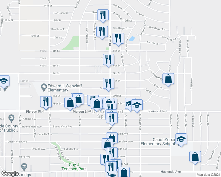 map of restaurants, bars, coffee shops, grocery stores, and more near 66501 3rd Street in Desert Hot Springs