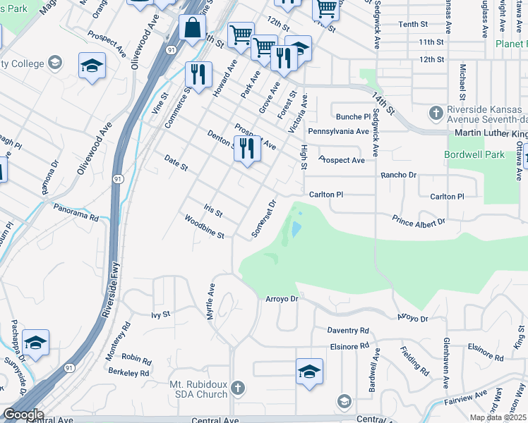 map of restaurants, bars, coffee shops, grocery stores, and more near 4780 Victoria Avenue in Riverside