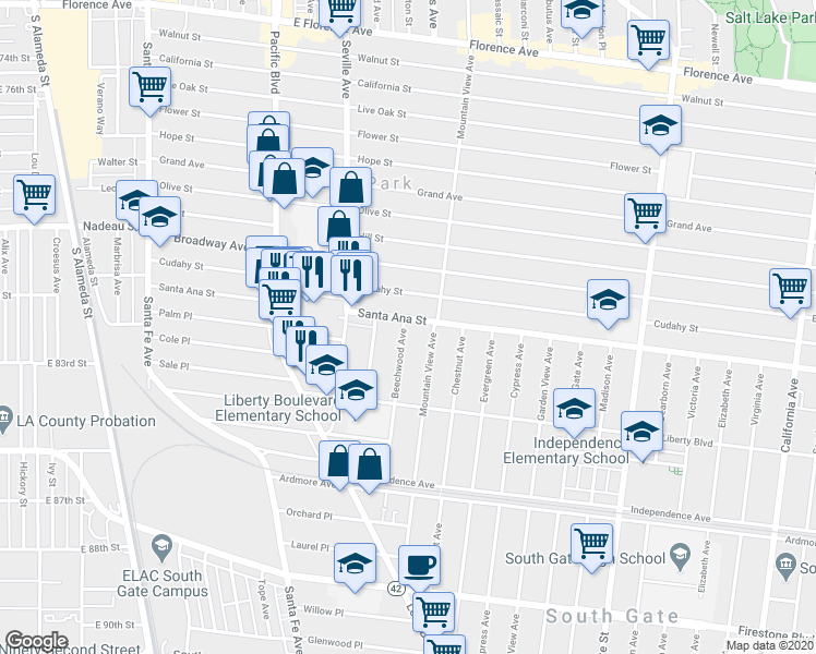 map of restaurants, bars, coffee shops, grocery stores, and more near 2813 Santa Ana Street in South Gate