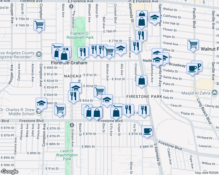 map of restaurants, bars, coffee shops, grocery stores, and more near 8126 Morton Avenue in Los Angeles