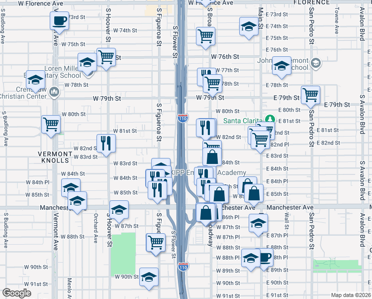 map of restaurants, bars, coffee shops, grocery stores, and more near 437 West 83rd Street in Los Angeles