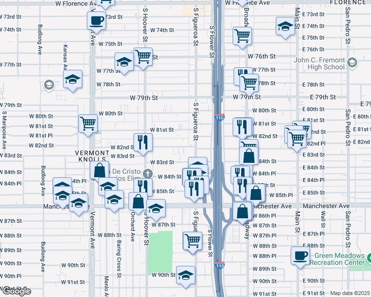 map of restaurants, bars, coffee shops, grocery stores, and more near 533 West 82nd Street in Los Angeles