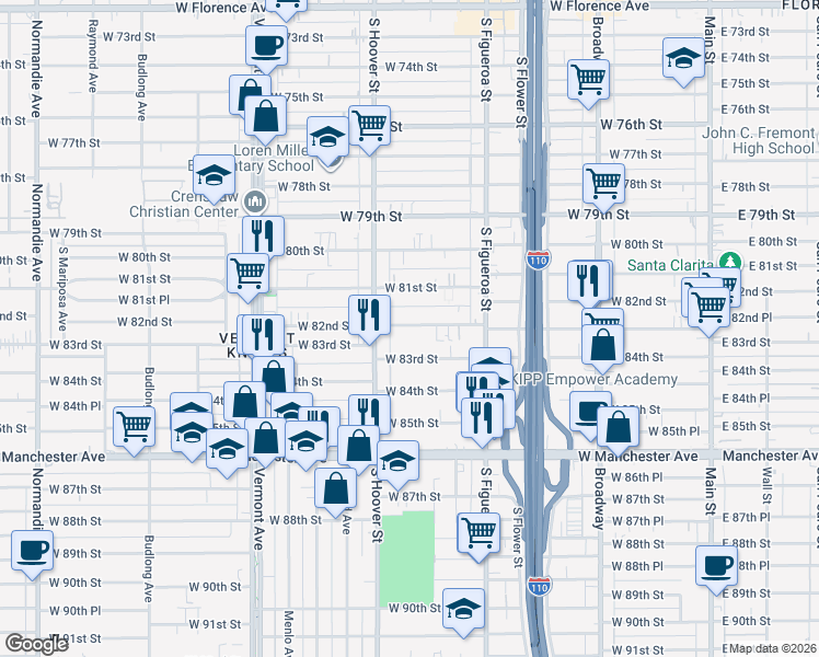 map of restaurants, bars, coffee shops, grocery stores, and more near 641 West 82nd Street in Los Angeles