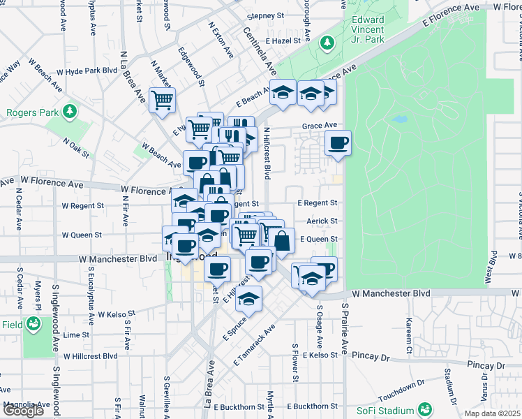 map of restaurants, bars, coffee shops, grocery stores, and more near in Inglewood