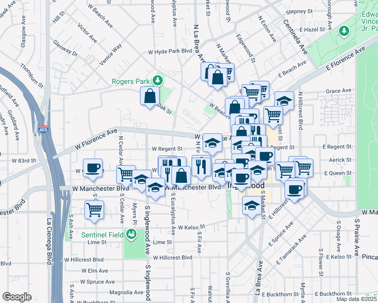 map of restaurants, bars, coffee shops, grocery stores, and more near 212 West Regent Street in Inglewood